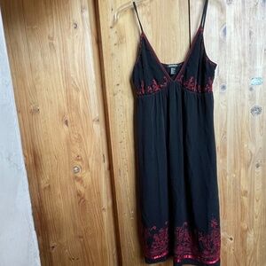 DKNY Vintage Black Silk Chiffon Dress w/ Red Ribbon & Embroidered Flowers Size 8